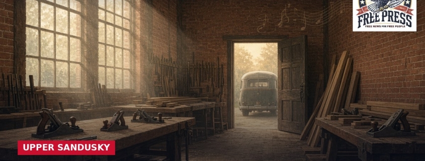 Fostoria News Shawshank's woodshop stands inside a rustic workshop with tools and wood planks.